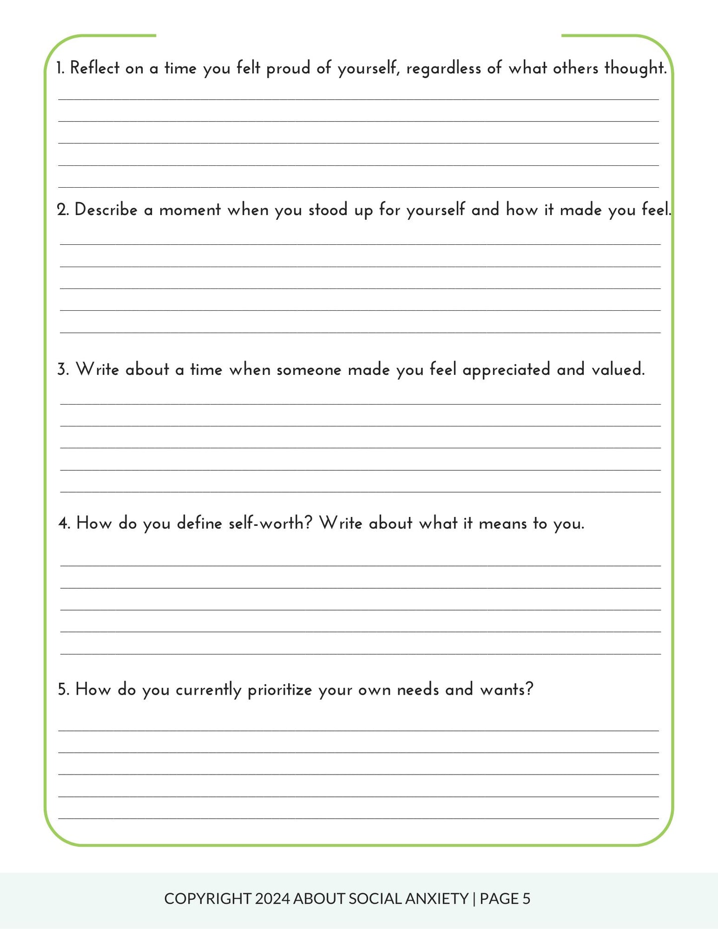 Self Worth Journal for Social Anxiety