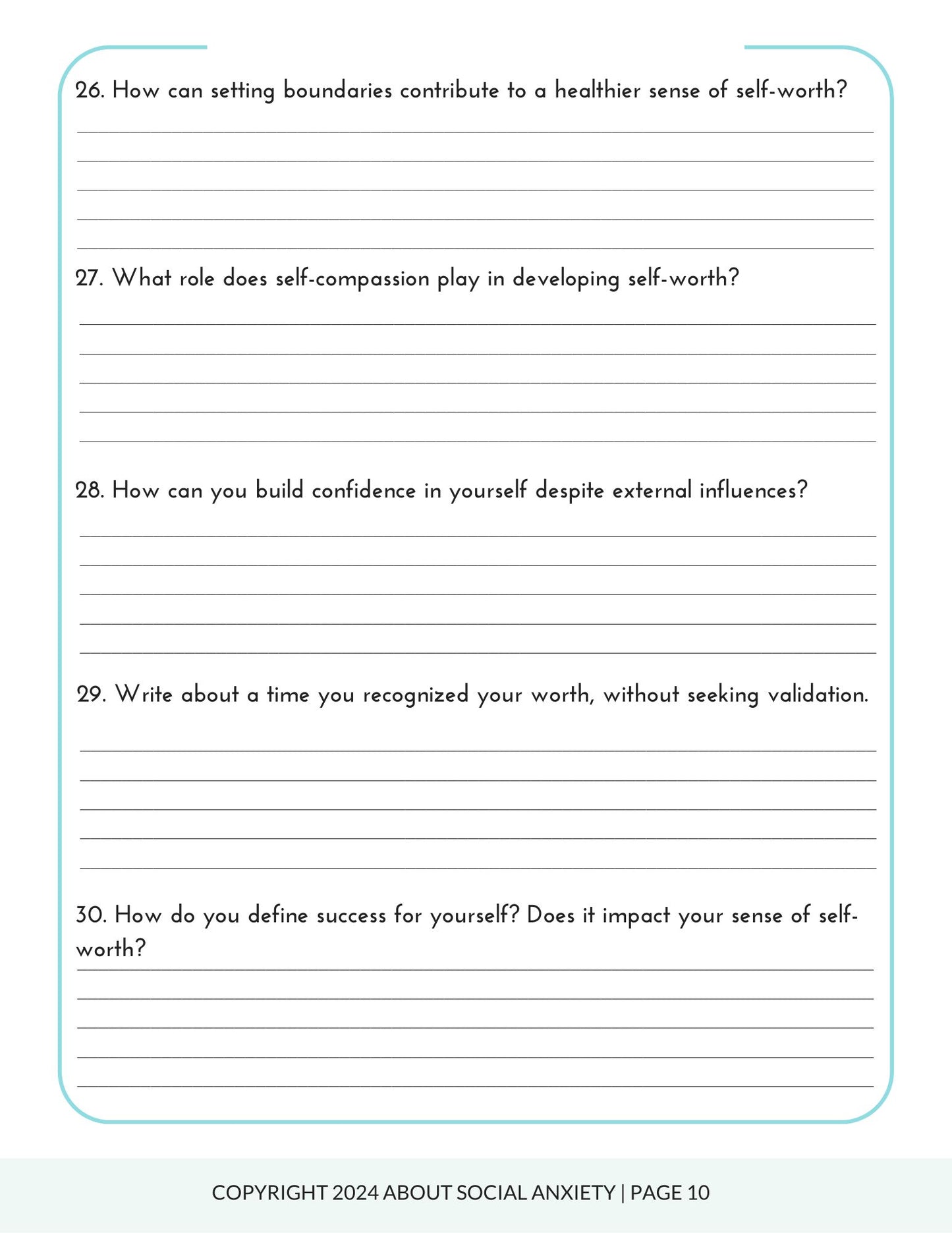 Self Worth Journal for Social Anxiety